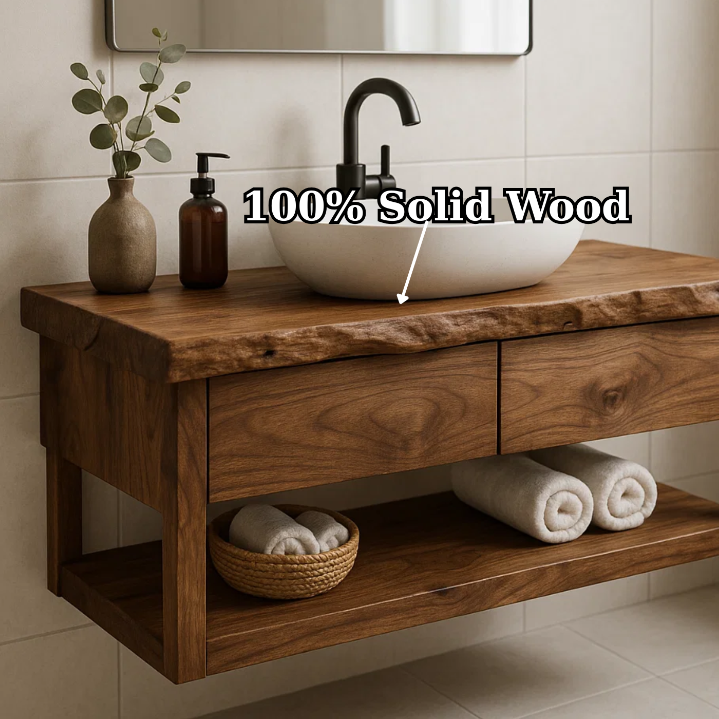 Handcrafted Solid Wood Floating Bathroom Vanity with Live Edge Top - Modern Rustic Washstand Lynnsnail