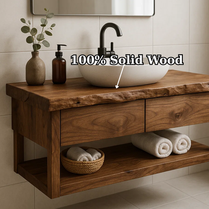 Handcrafted Solid Wood Floating Bathroom Vanity with Live Edge Top - Modern Rustic Washstand Lynnsnail