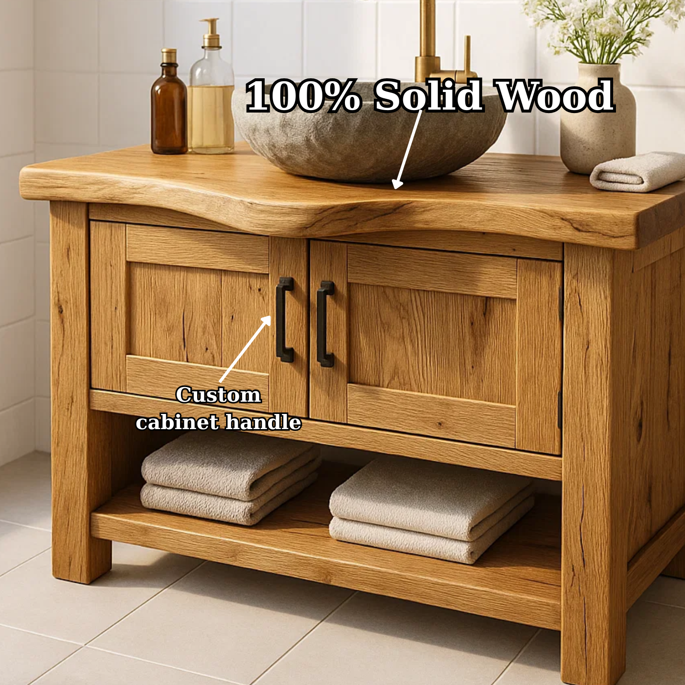 Handcrafted Solid Wood Bathroom Vanity - Rustic Live Edge Cabinet & Open Shelf Lynnsnail