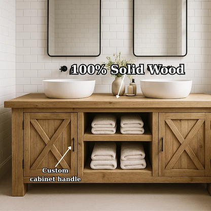 Handcrafted Solid Wood Bathroom Vanity - Farmhouse Double Sink Cabinet - Rustic Oak Storage Furniture Lynnsnail