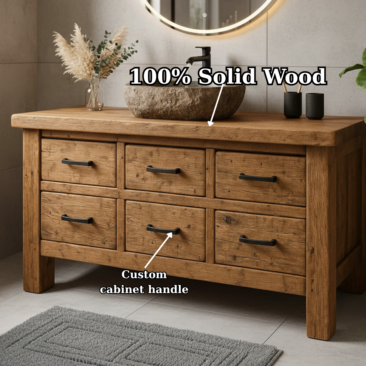 Handcrafted Soild Wood Bathroom Vanity - Farmhouse Storage Cabinet with 6 Drawers Lynnsnail