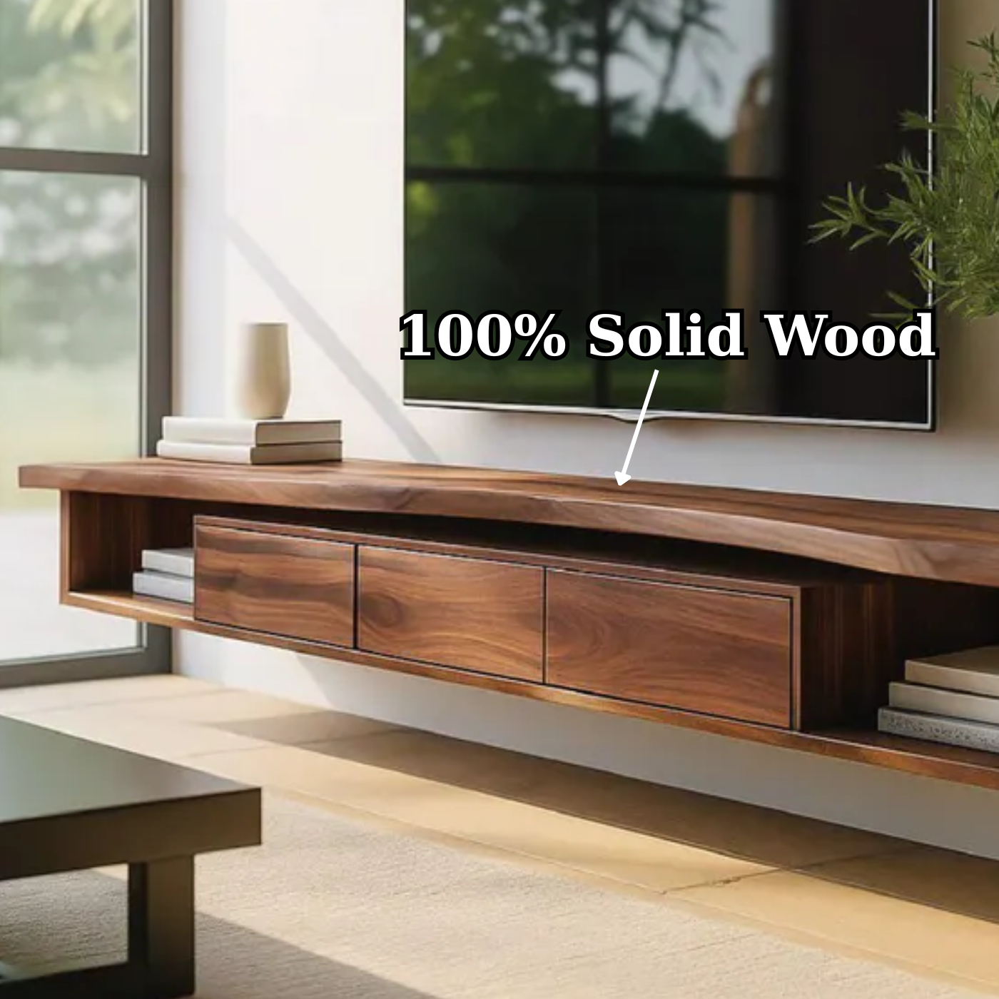Handcrafted Solid Wood Floating TV Stand, Modern Live Edge Media Cabinet with Drawers Lynnsnail