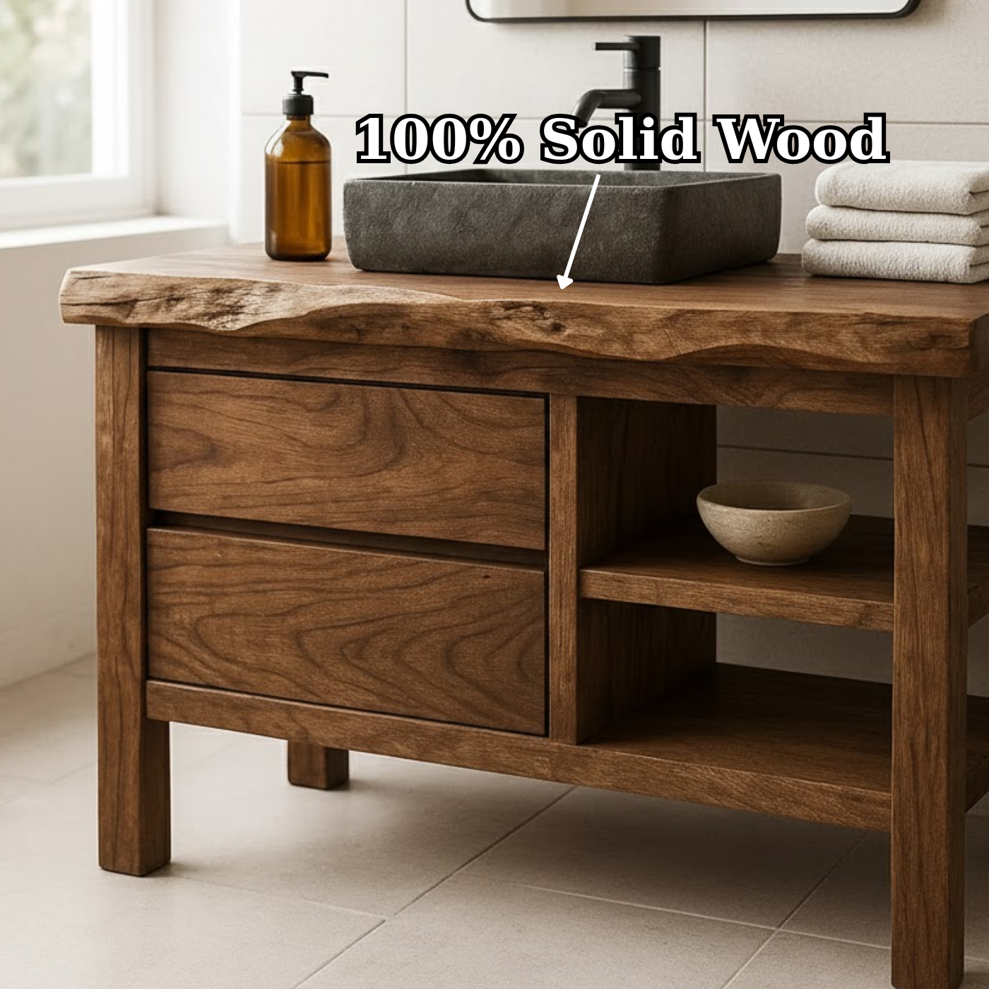Handcrafted Solid Wood Bathroom Vanity with Live Edge Top and Open Shelf Lynnsnail