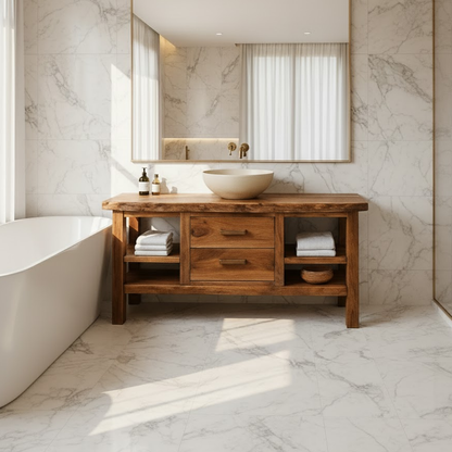 Handcrafted Solid Wood Bathroom Vanity - Live Edge Top, 2 Drawers & Open Frame Shelving Lynnsnail