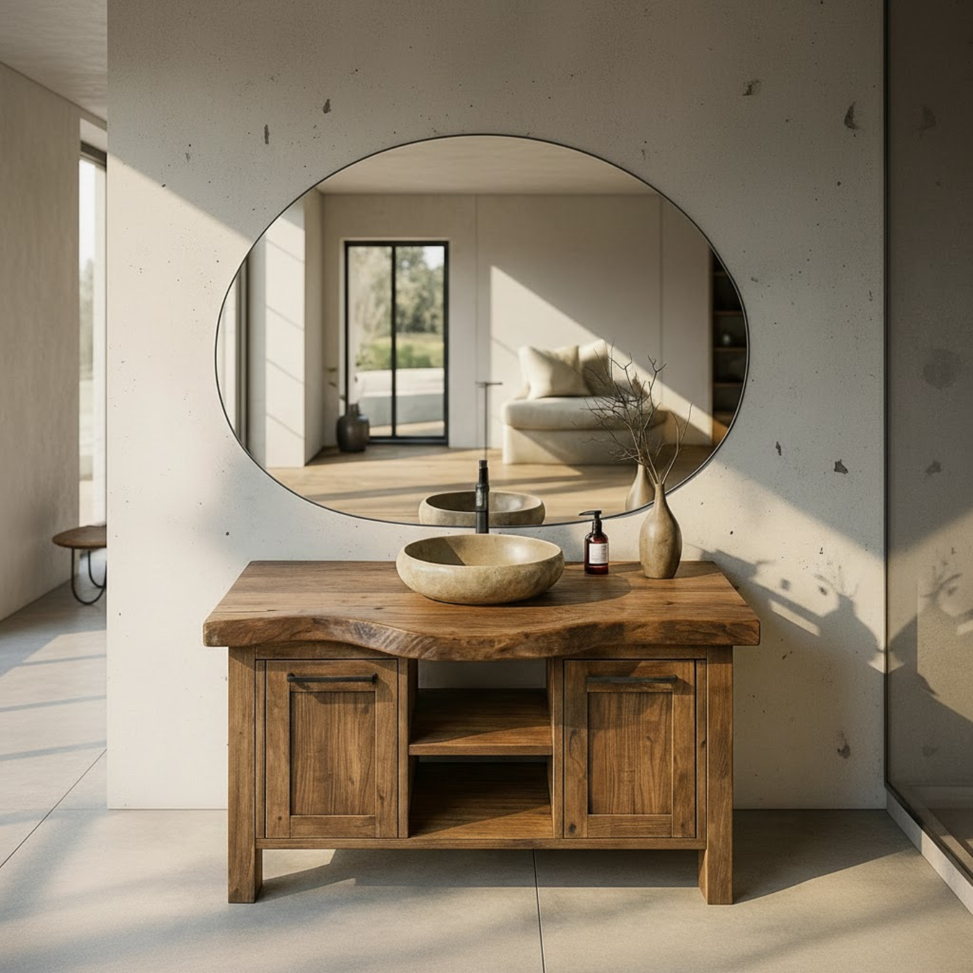 Handcrafted Solid Wood Bathroom Vanity with Live-Edge Top and Dual Side Cabinets Lynnsnail