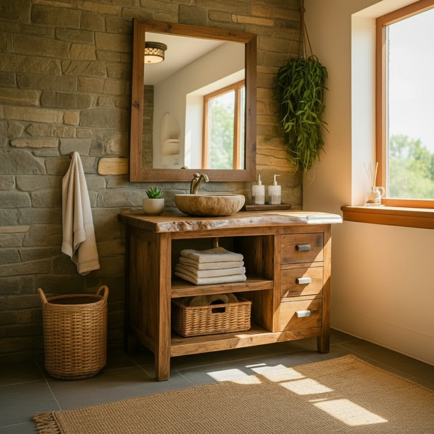 Handcrafted Solid Wood Bathroom Vanity with Live-Edge Top and Spacious Open Storage Lynnsnail