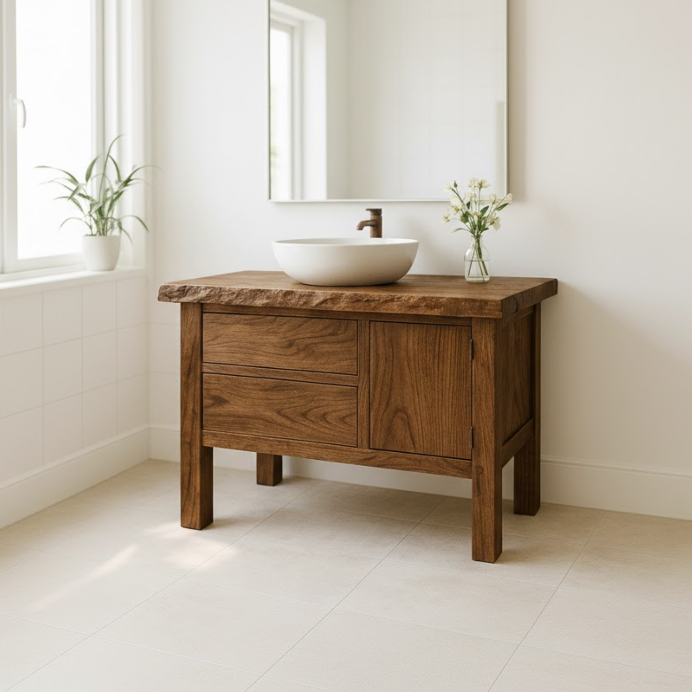 Handcrafted Solid Wood Bathroom Vanity - Live Edge Top, 2 Drawers & Single Door Cabinet Lynnsnail