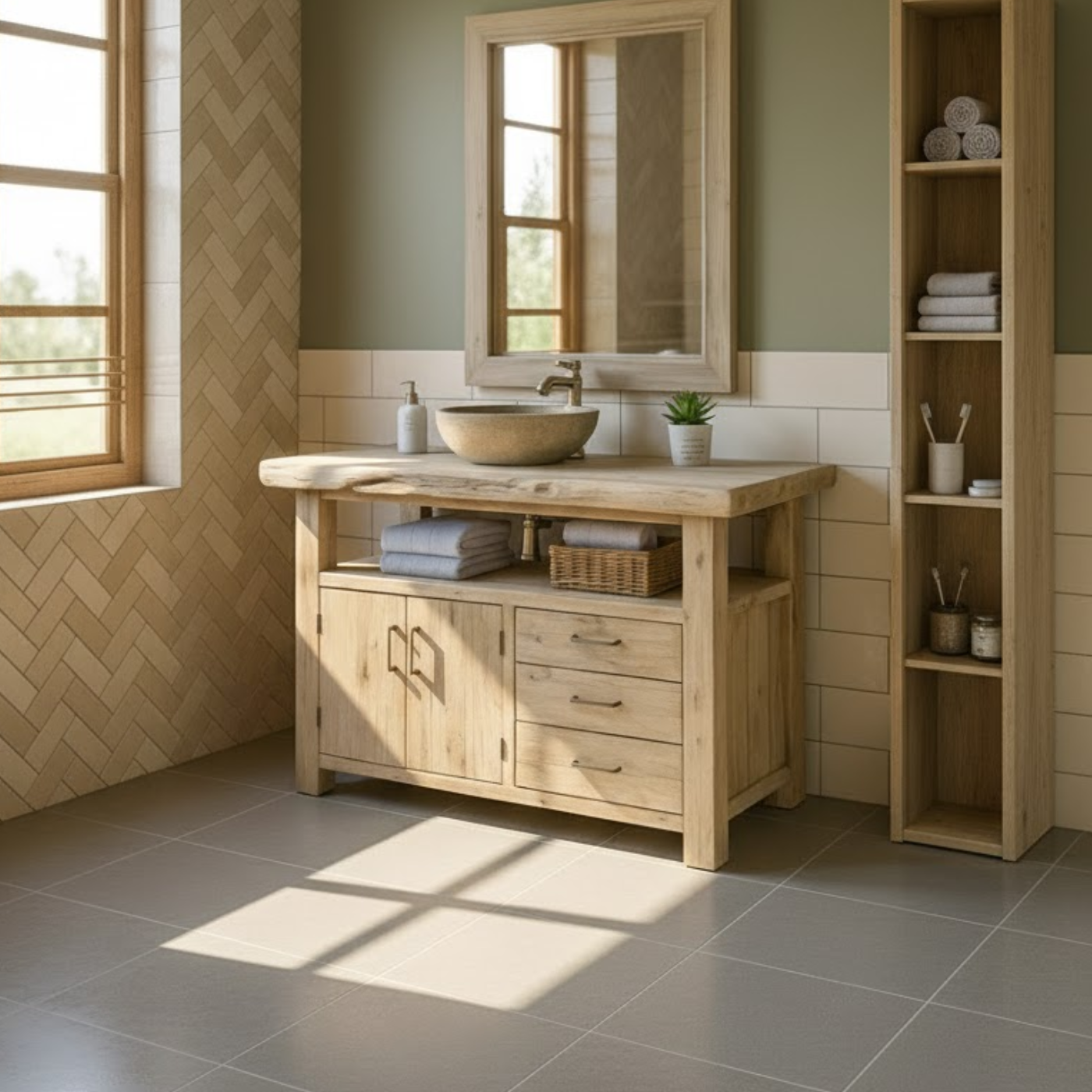 Handcrafted Solid Wood Bathroom Vanity with Live Edge Oak Top, 3 Drawers and Double Cabinet