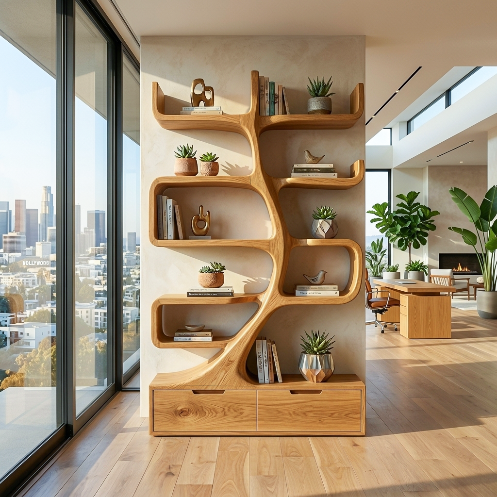 Wooden Bookcase With Tiers And Built-in Drawers For Home Lynnsnail