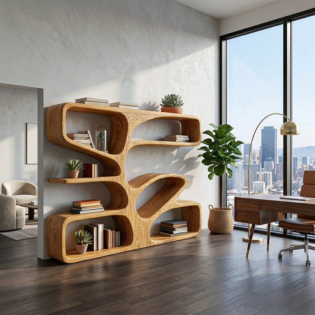 Statement Wooden Bookshelf With Sculpture Form For Home Lynnsnail