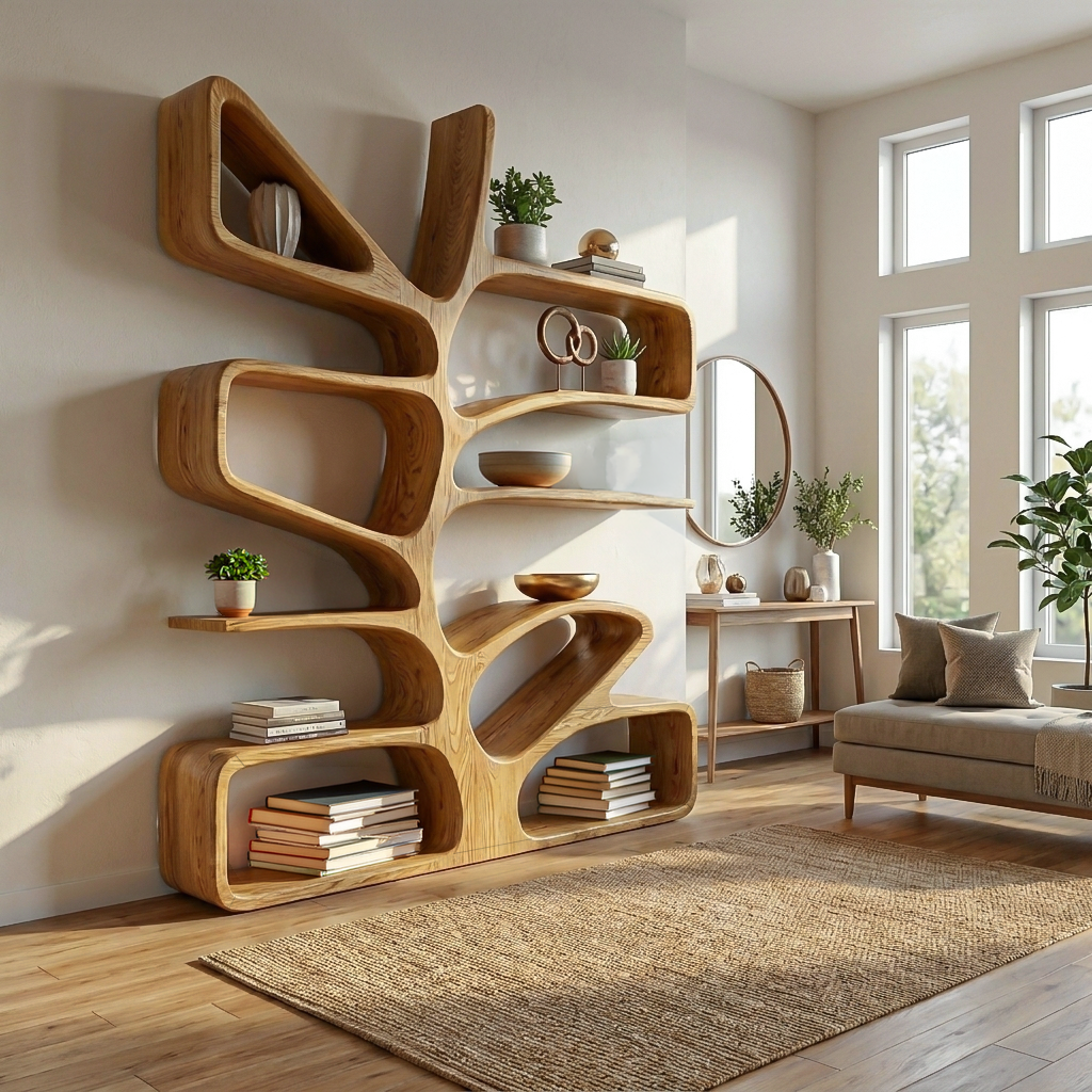 Organic Wooden Bookcase With Sculptural Form For Living Space Lynnsnail