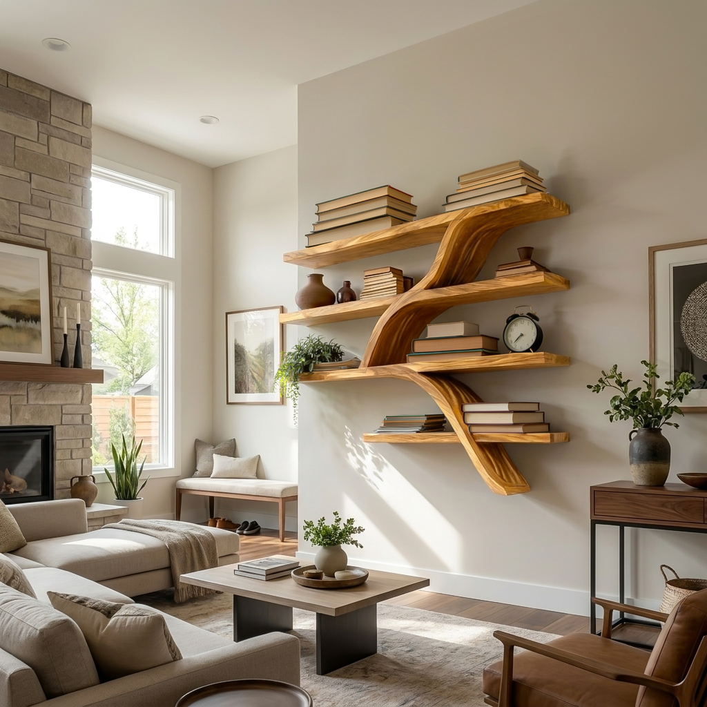 Handcrafted Wooden Wall Bookshelf With Organic Shape For Home Lynnsnail