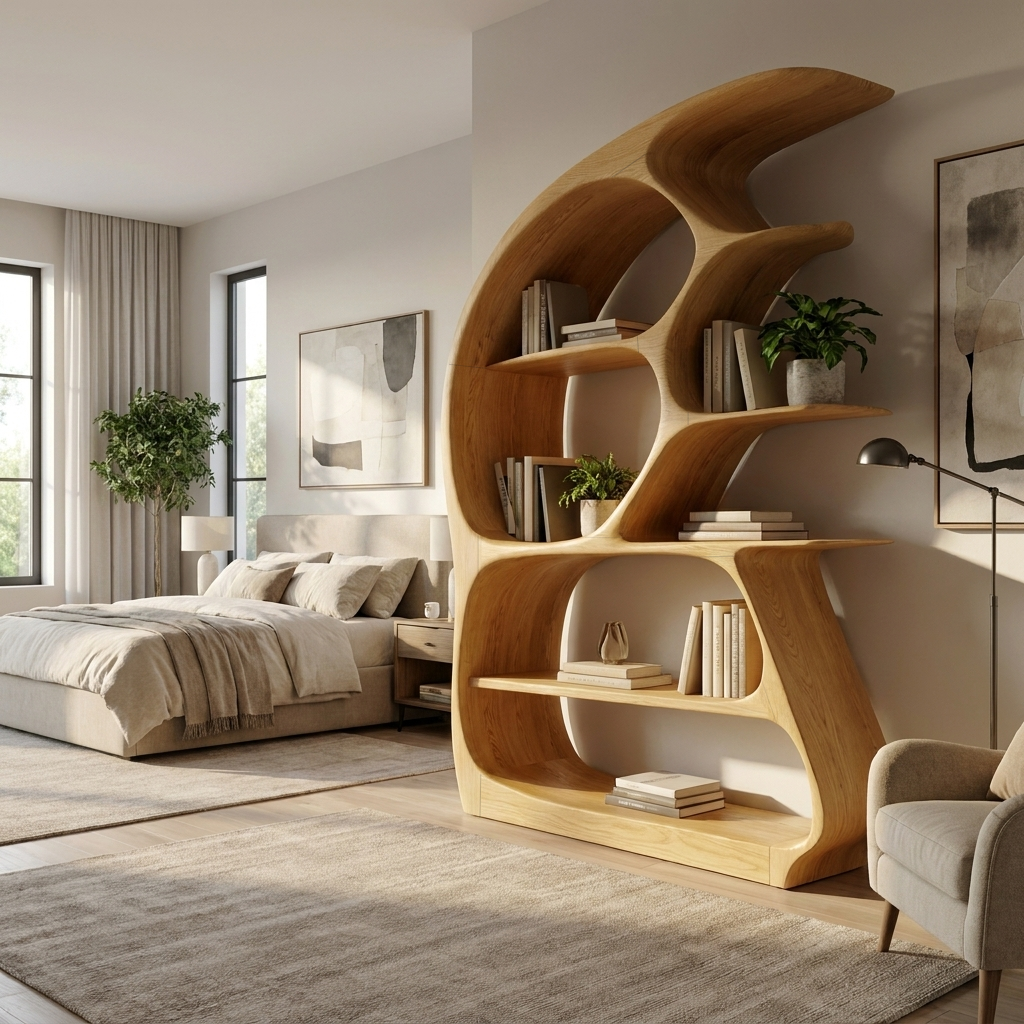 Contemporary Sculptural Wood Bookshelf For Living Room Decor Lynnsnail
