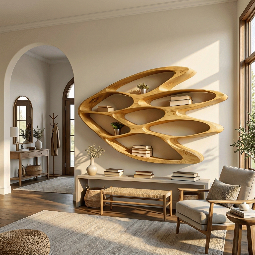 Wooden Wall Bookshelf With Unique Shape For Living Room Wall Lynnsnail