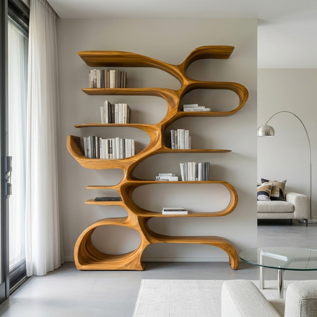 Sculptural Wooden Bookcase For Modern Living Room Storage Lynnsnail