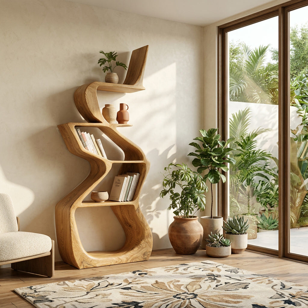 Sculptural Wooden Bookshelf For Living Room Corner Lynnsnail