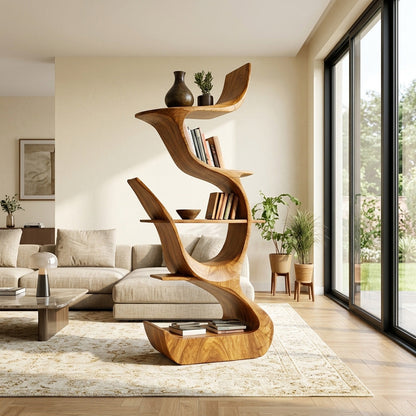 Contemporary Organic Wooden Bookshelf For Living Room Corner Lynnsnail