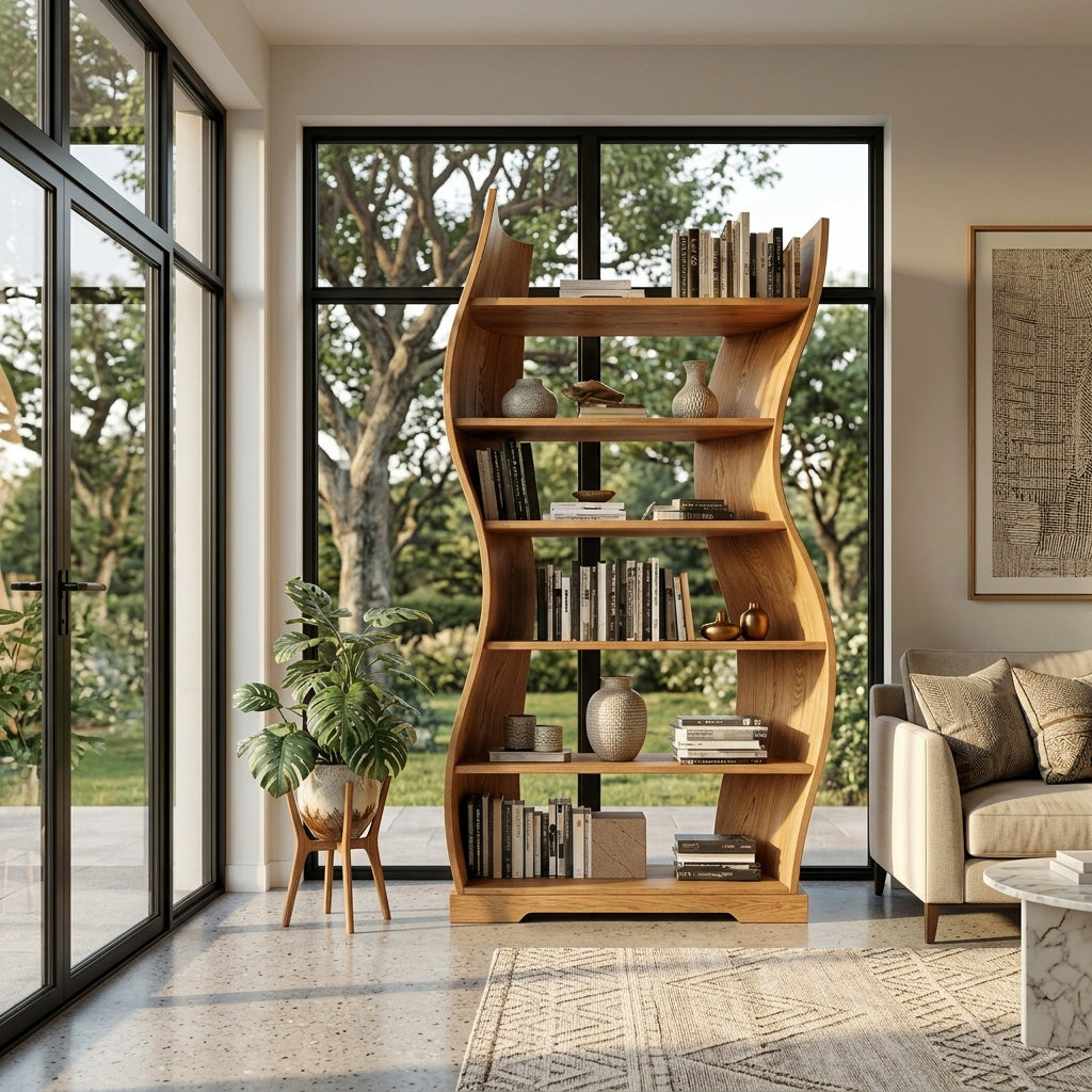 Contemporary Flowing Wooden Bookshelf For Living Room Lynnsnail