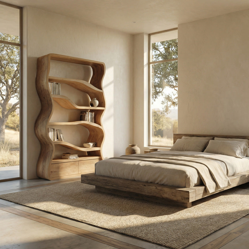 Modern Curved Wooden Bookshelf For Living Room Lynnsnail