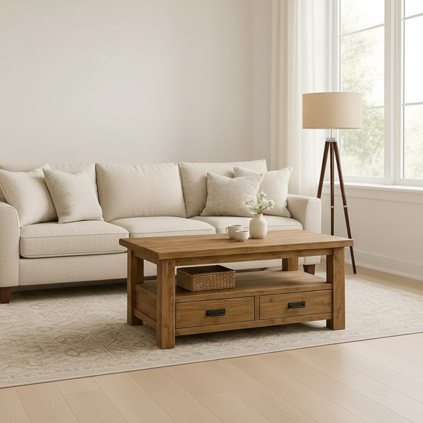 Handcrafted Solid Wood Coffee Table – Rustic Farmhouse Storage with Two Drawers and Shelf Lynnsnail