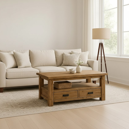 Handcrafted Solid Wood Coffee Table – Rustic Farmhouse Storage with Two Drawers and Shelf Lynnsnail