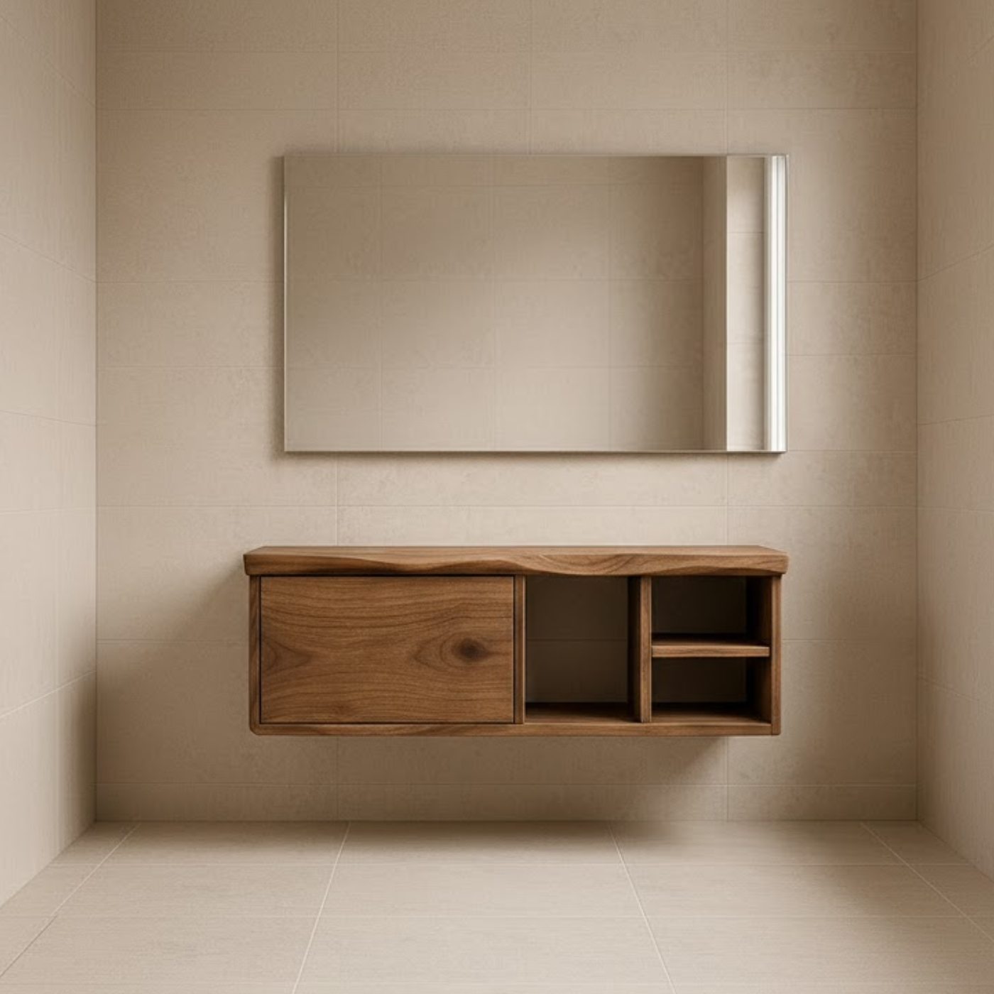 Handcrafted Solid Wood Floating Vanity - Asymmetrical Walnut Console with Hidden & Open Storage Lynnsnail