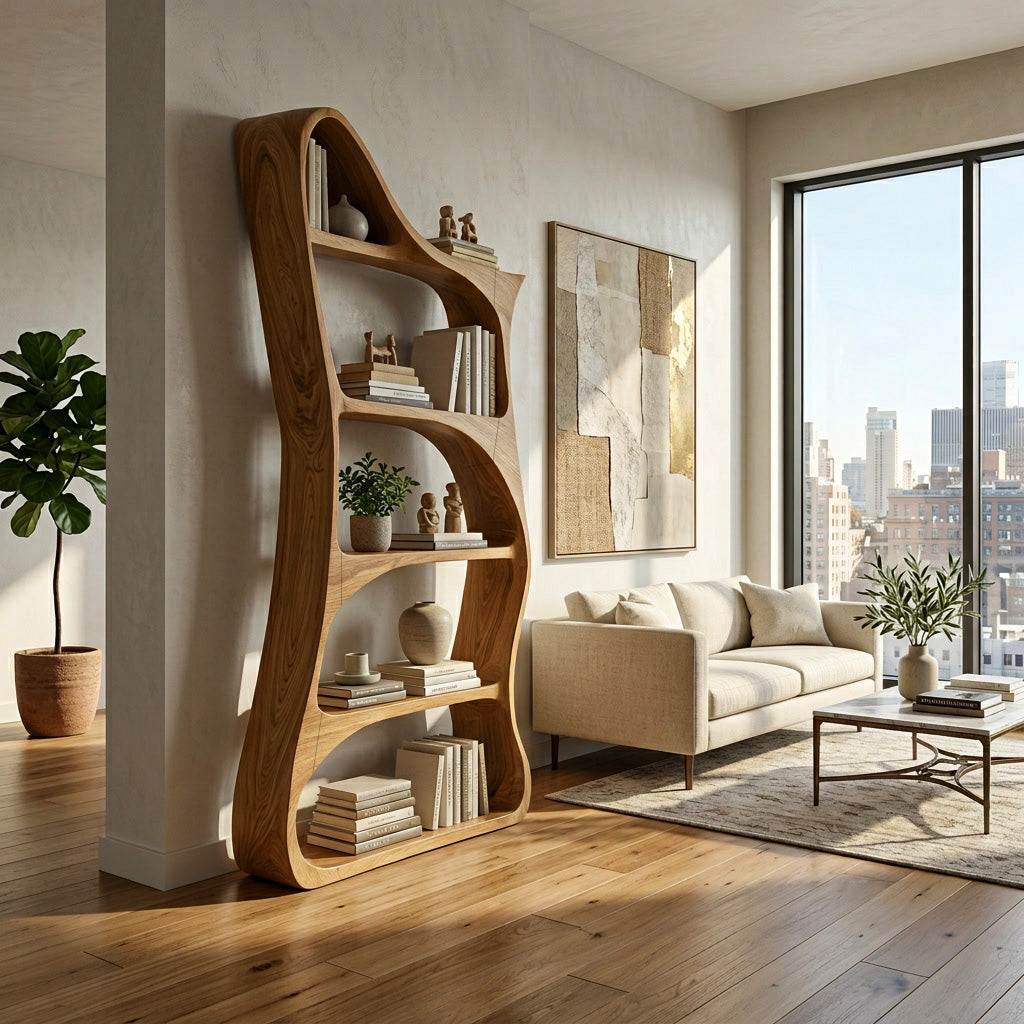 Modern Sculptural Natural Wood Bookshelf For Living Room Lynnsnail