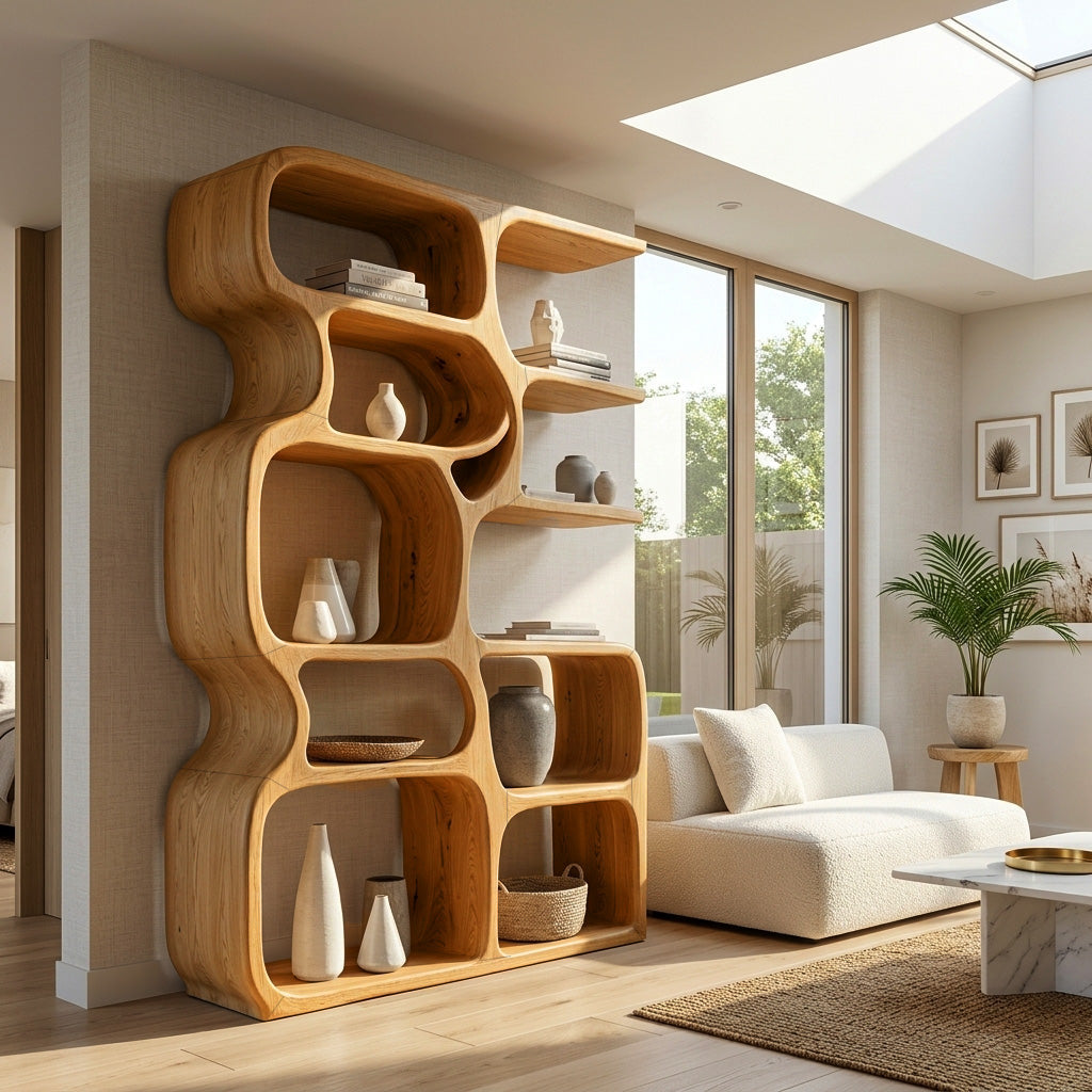 Minimalist Artistic Natural Wood Bookshelf For Living Room Lynnsnail