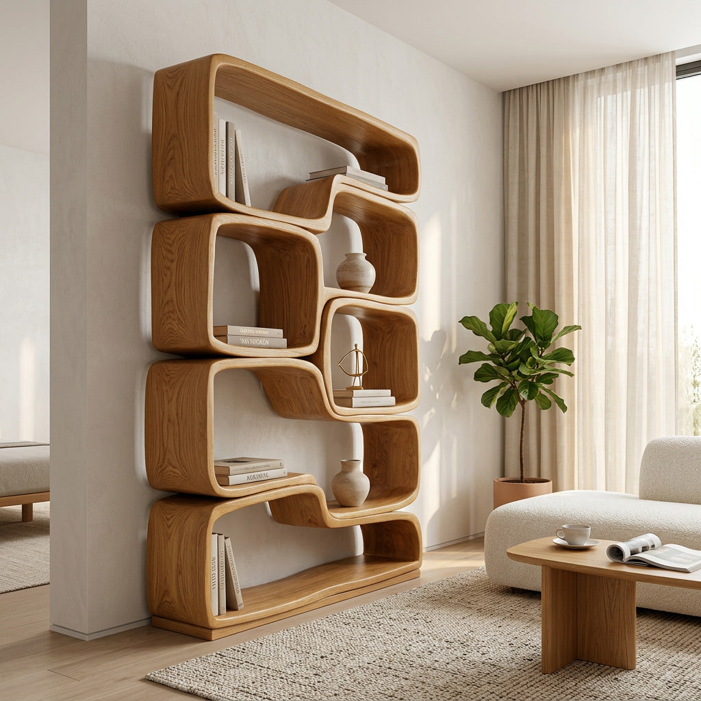 Contemporary Sculptural Natural Wood Bookshelf For Living Room Lynnsnail