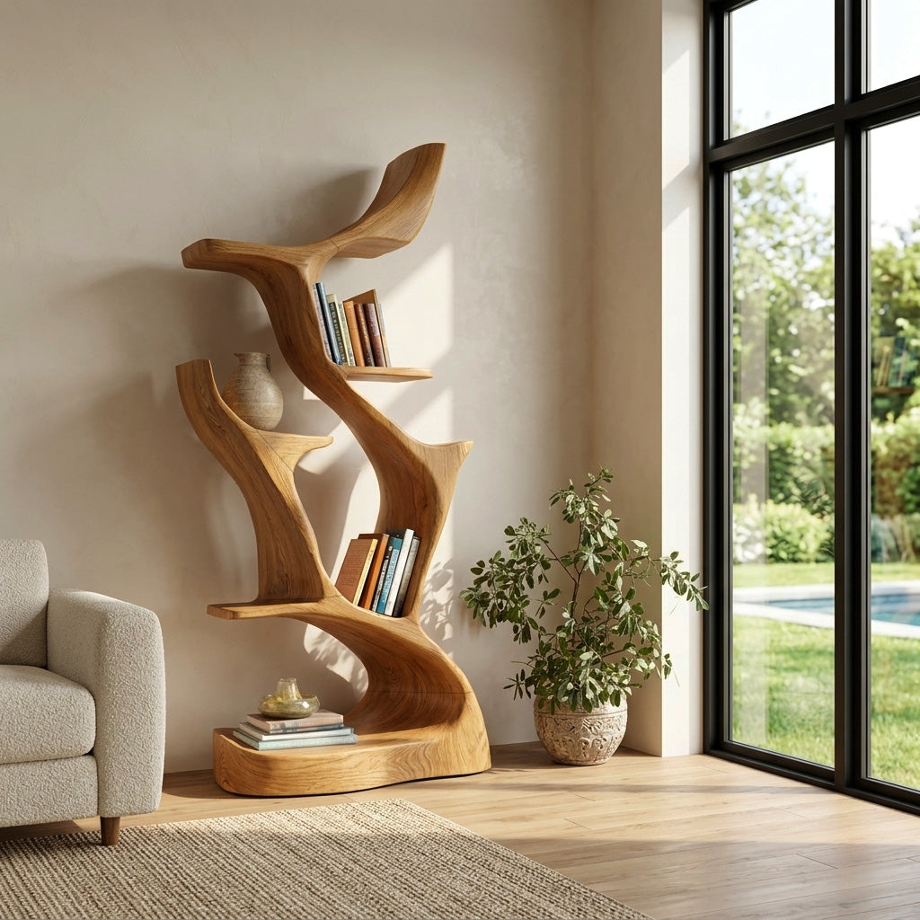Abstract Sculptural Wooden Bookshelf For Living Room Lynnsnail