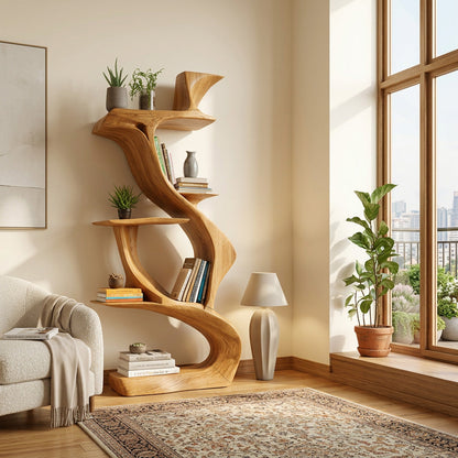 Sculptural Natural Wood Bookshelf For Living Room Lynnsnail