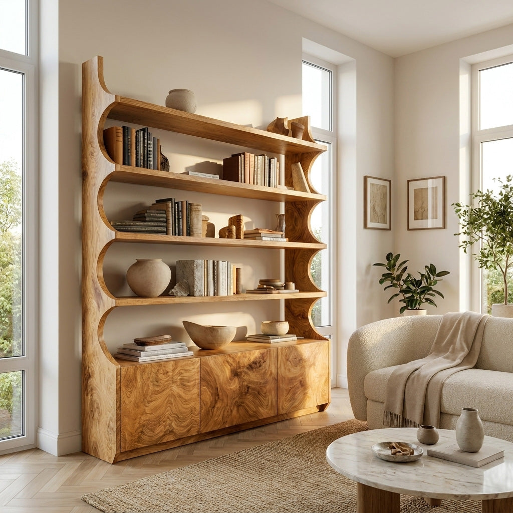 Organic Wooden Bookshelf With Curved Edges For Living Storage Lynnsnail