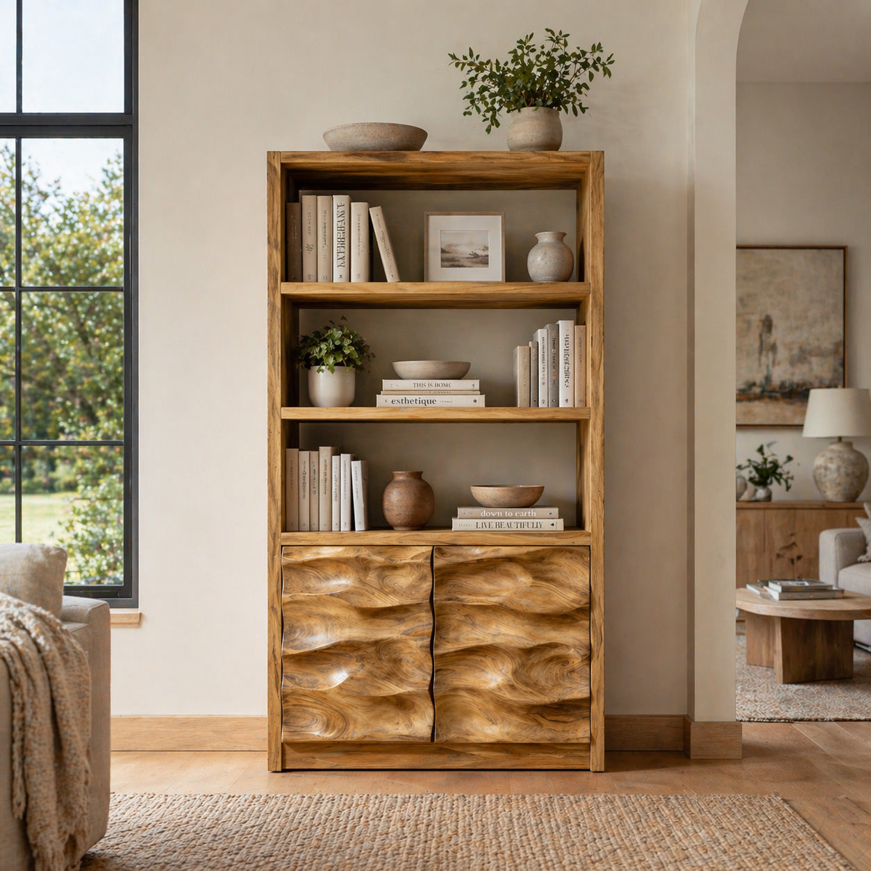 Minimal Wooden Bookshelf With Wavy Drawer Front For Home Lynnsnail