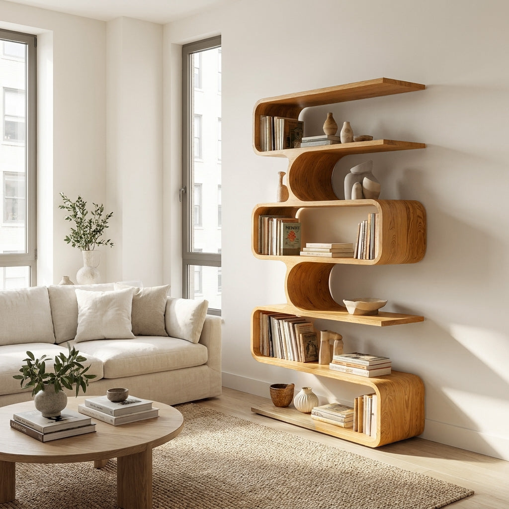 Handcrafted Wooden Bookshelf With Sculpture Edges For Living Room Lynnsnail