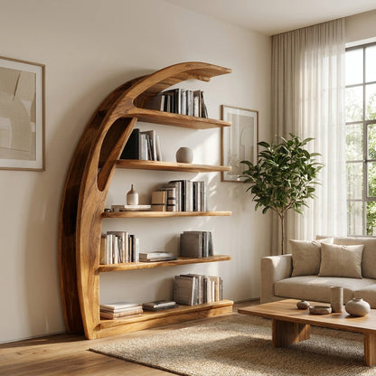 Minimal Curved Wooden Bookshelf For Living Room Display Lynnsnail