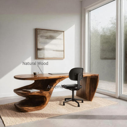 Sculptural Desk With Built-in Shelf For Home Office