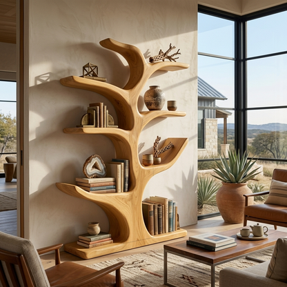 Modern Wood Bookshelf Sculptural Curved Design For Living Room Lynnsnail
