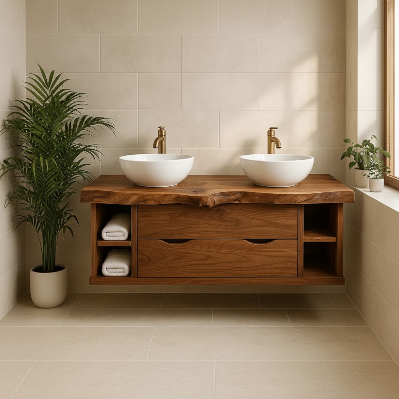 Handcrafted Solid Wood Live-Edge Double Vanity - Rustic Floating Console with Storage Lynnsnail