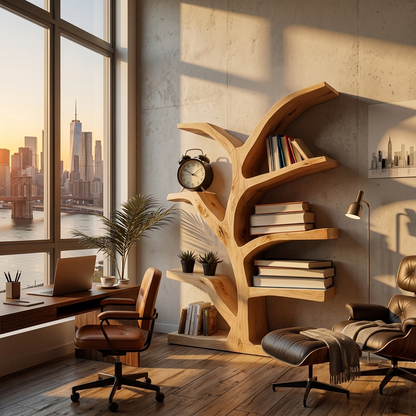 Wooden Bookshelf With Organic Form For Living Area Lynnsnail