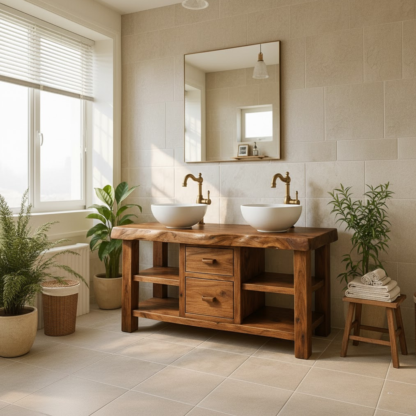 Handcrafted Solid Wood Floating Double Vanity - Live Edge Top, 2 Drawers & Open Shelves Lynnsnail