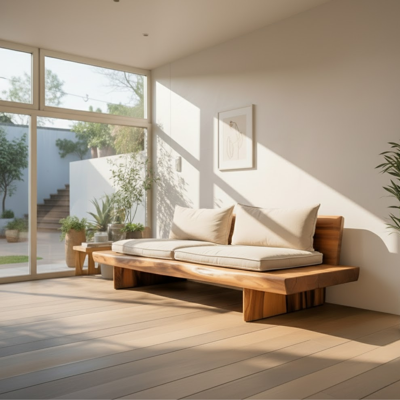 Handcrafted Solid Wood Sofa – Low Minimalist Design with Natural Live Edge and Linen Cushions Lynnsnail