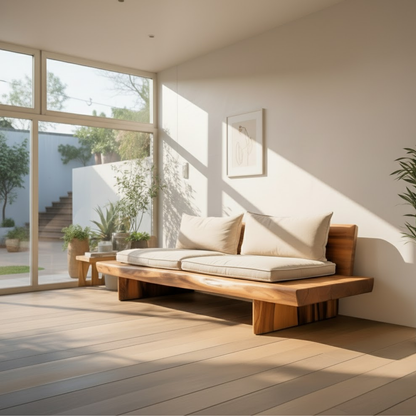 Handcrafted Solid Wood Sofa – Low Minimalist Design with Natural Live Edge and Linen Cushions Lynnsnail