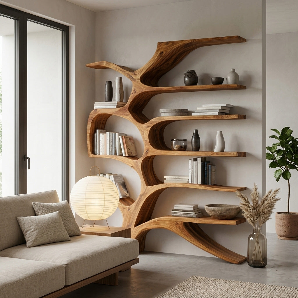 Contemporary Sculpted Wooden Bookshelf For Living Room Decor Lynnsnail
