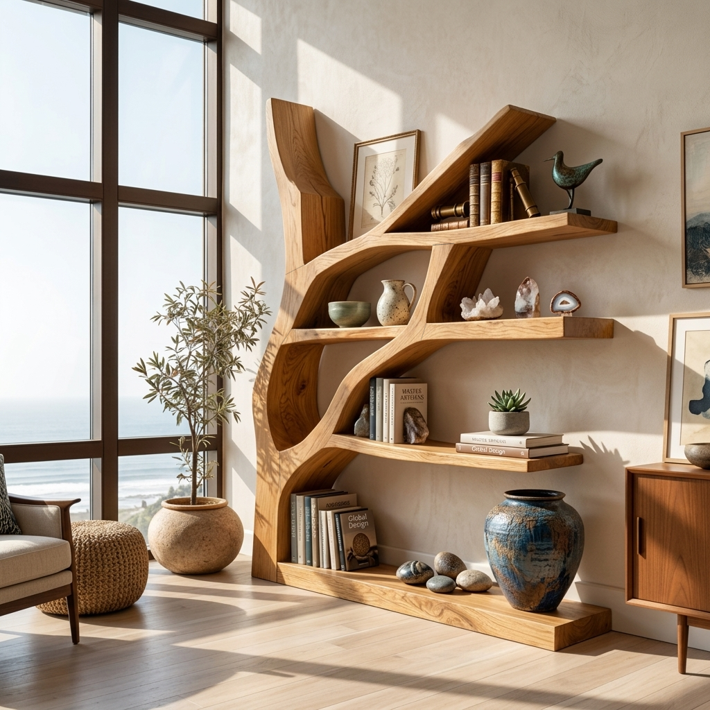 Contemporary Wooden Bookshelf Sculptural Shape For Living Room Lynnsnail
