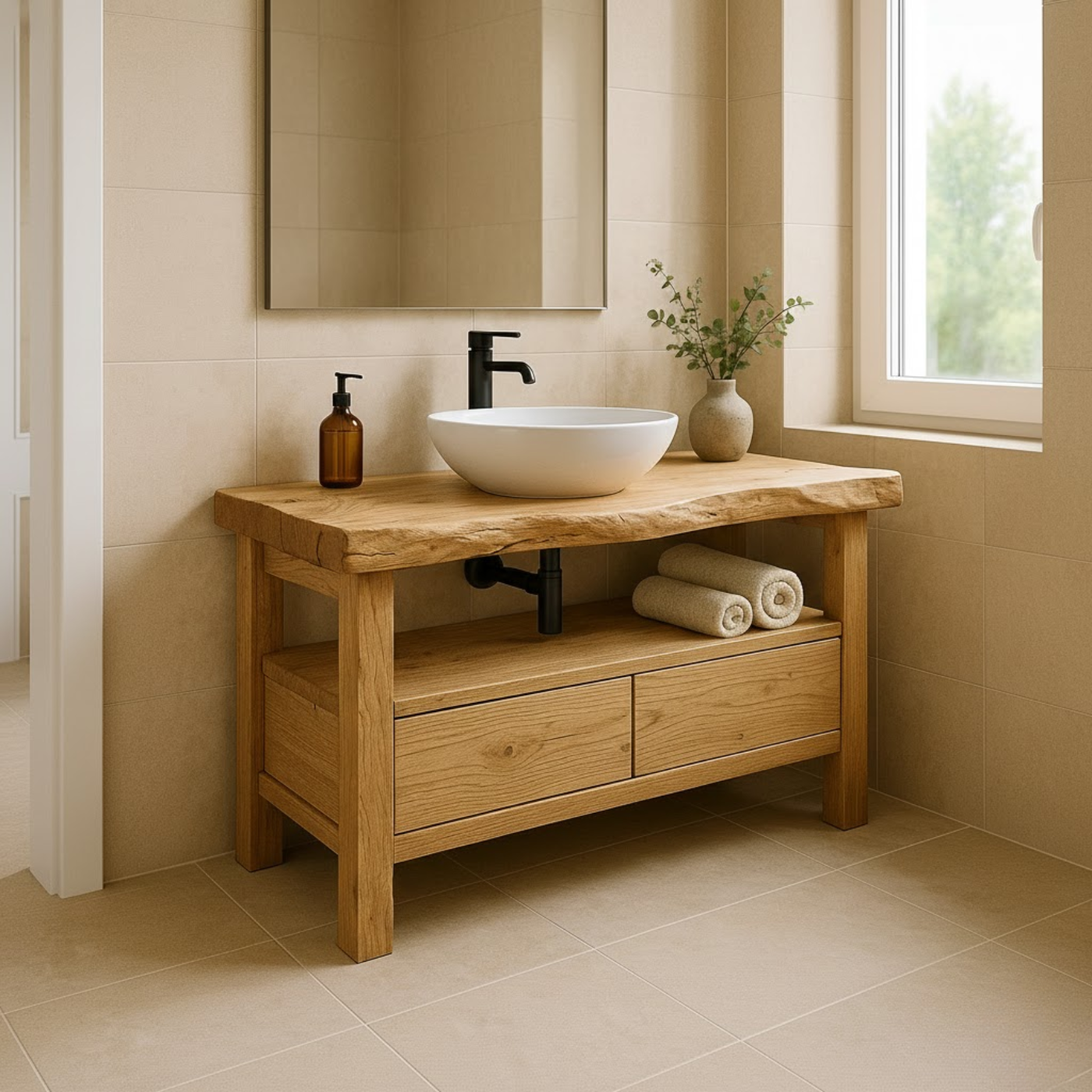 Handcrafted Solid Wood Bathroom Vanity - Live Edge Rustic Stand with Drawers & Shelf Lynnsnail