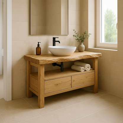 Handcrafted Solid Wood Bathroom Vanity - Live Edge Rustic Stand with Drawers & Shelf Lynnsnail