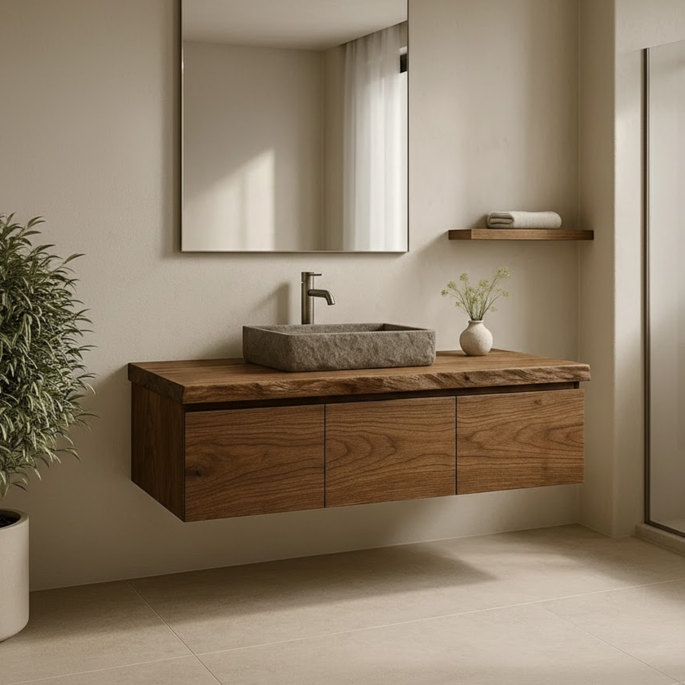 Handcrafted Solid Wood Floating Vanity - 3-Drawer Live Edge Walnut for Vessel Sink Lynnsnail