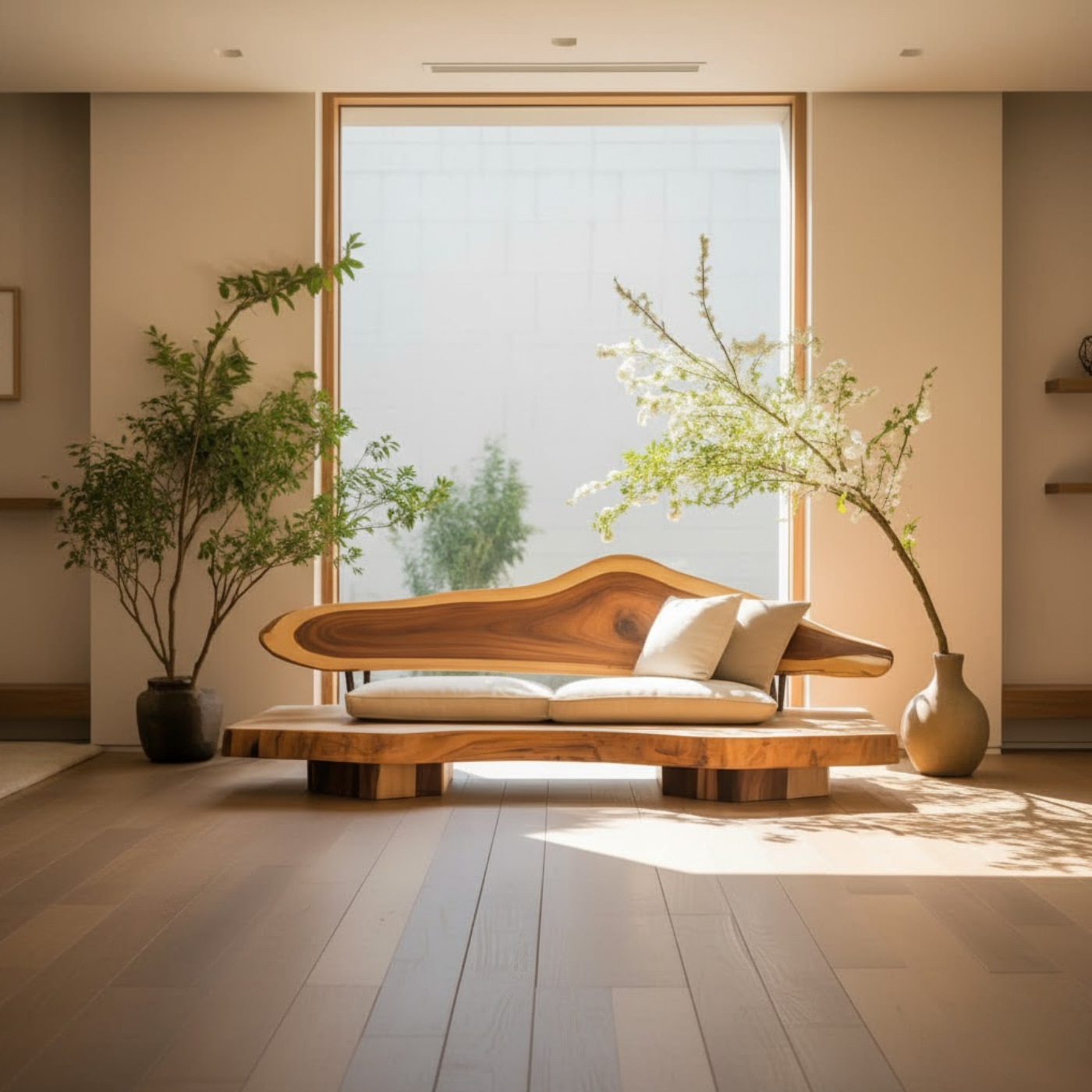 Handcrafted Solid Wood Sofa – Sculptural Live Edge Couch with Organic Form and Linen Cushions Lynnsnail