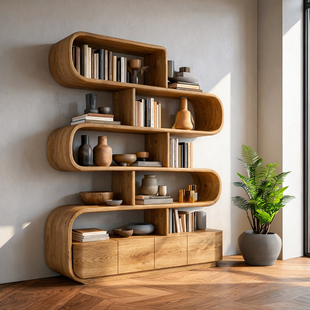 Organic Wooden Bookshelf With Flowing Form For Home Interior Lynnsnail