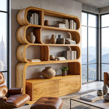 Modern Natural Wood Bookshelf With Curved Structure For Living Room Lynnsnail